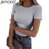 BITCED Dámské krátkorukávé strečové žebrované tričko s kulatým výstřihem, přiléhavé, ležérní, základní top