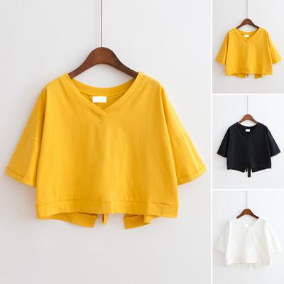 Summer Cropped T-shirt V-Neck Short Sleeve Back Hollow Lace-up Tee Shirt Solid Color Loose Fit Pullover
