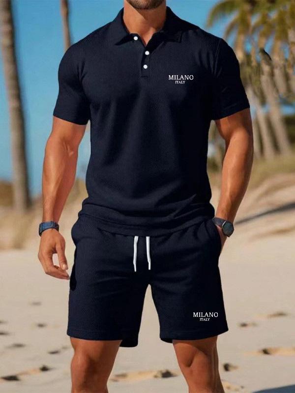 Men's Casual Summer Two-Piece Set: Short Sleeve Polo & Shorts with Letter Print