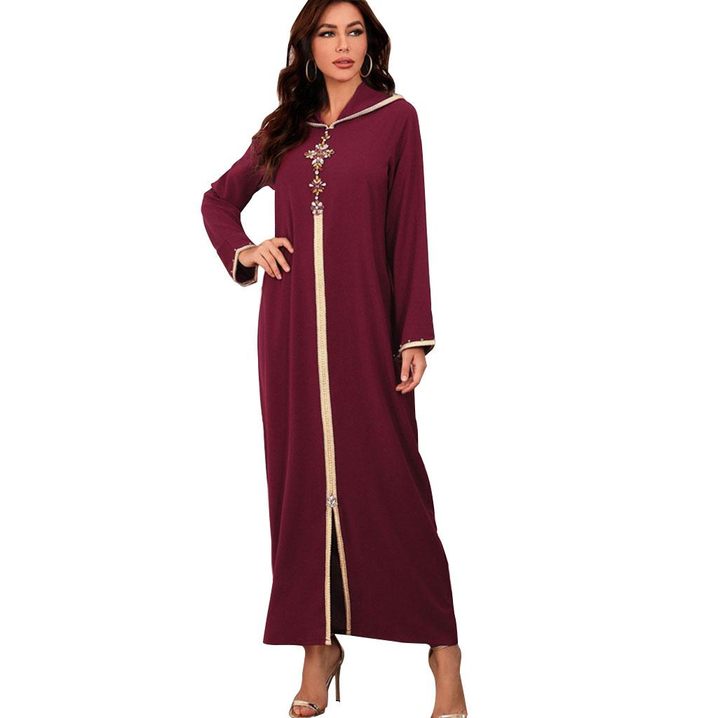 Women Muslim Fashion Loose Dress Ramadan Eid Abaya Dubai Turkey Islam Hand Stitch Drill Cowl-Neck Pullover Clothing
