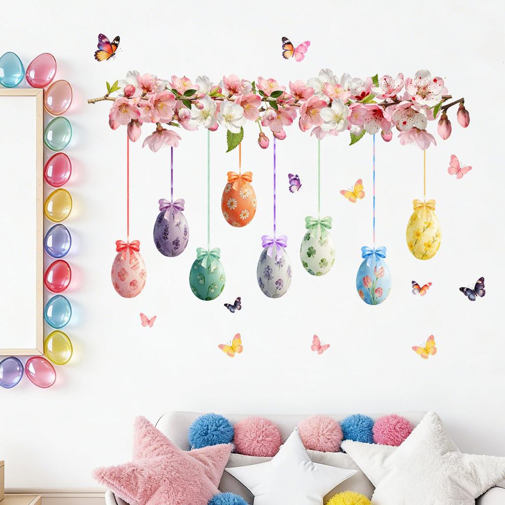 Cartoon Easter Egg Butterfly Flower Hanging Ornament Kids Bedroom Living Room Home Decoration Wall Sticker Self-Adhesive
