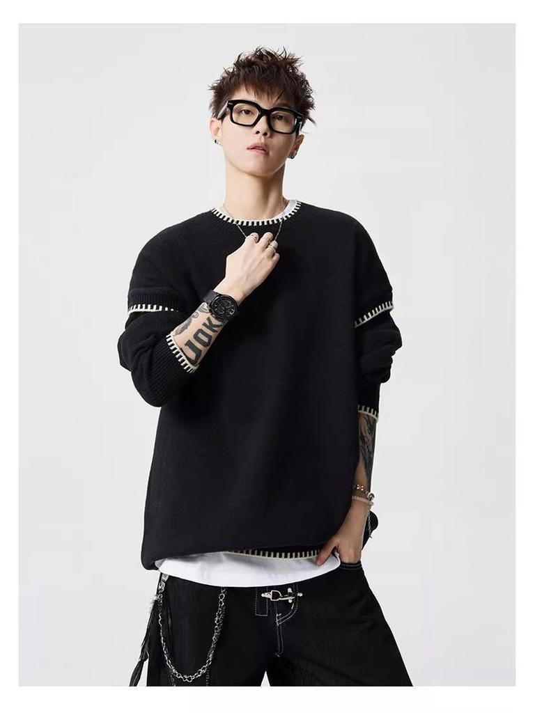 Men's Trendy Hand-Stitched High-End Knit Sweater with Contrasting Colors - Versatile and Stylish Base Layer