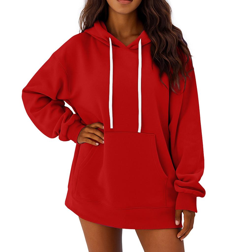 Women's Solid Color Long Sleeved Loose Casual Mid Length Pullover Hoodie Sweatshirt