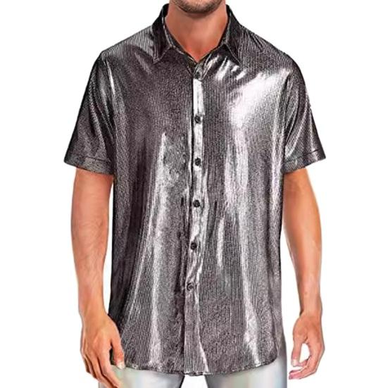 

Мужская Рубашка Лацкан Короткий Рукав Пуговицы Планка Рубашки Топы Глянцевый Дизайн Свободный Крой Однотонный Ночной Клуб Рубашка Повседневная Носка L серебряный