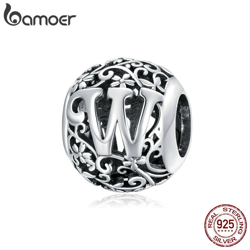 

BAMOER 925 Silver Retro Letter Charms Hollowed Alphabet A-Z Round Beads for Women Bracelet DIY Jewelry Making