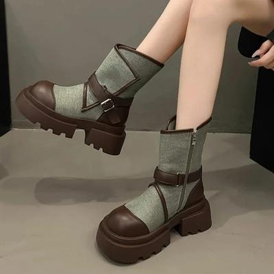 Damskie klamry paska Chelsea Boots Jesień Zima Moda Nowe buty motocyklowe Gruba podstawa Wzrost Buty Damskie buty kowbojskie