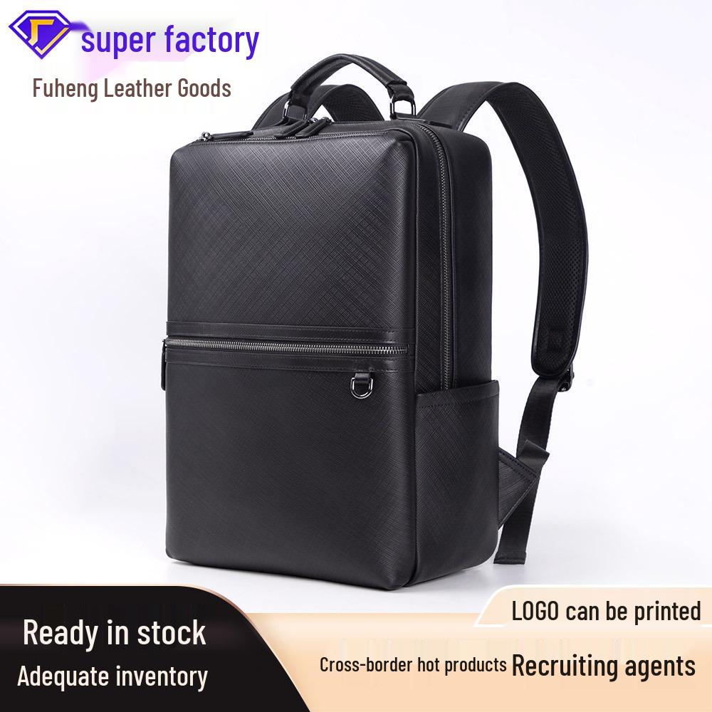 

Men s Cross-Border Grid-Pattern Cowhide Laptop Backpack for Business & College