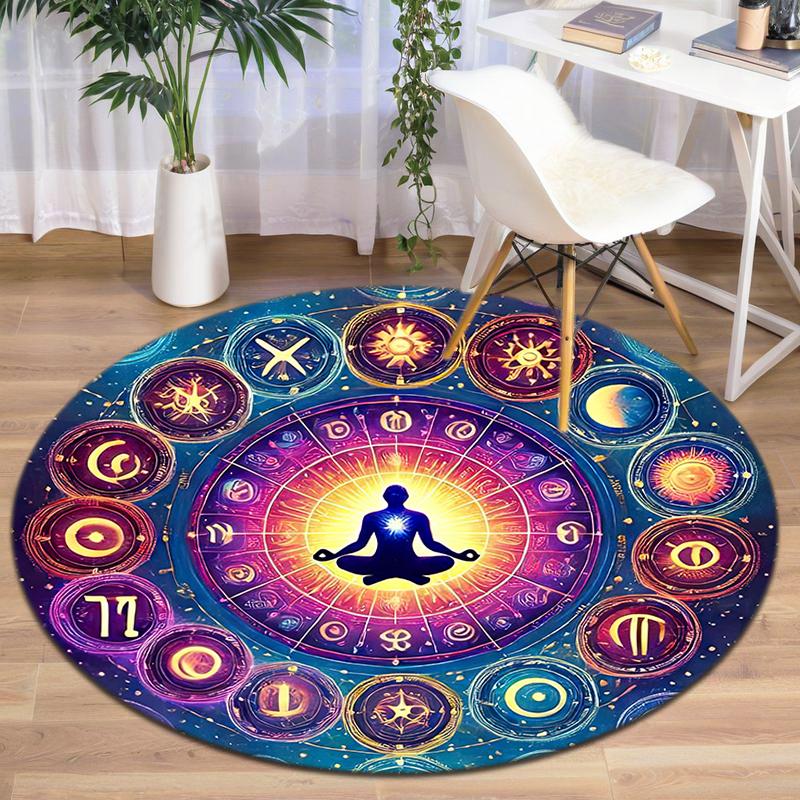 1Pc Chakras Theme Printed Circular Carpet, Home Door Mat, Outdoor Travel Protection Carpet A2