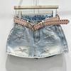 Europäischer Sommer neuer hochtaillierter Jeans-Minirock Damen A-Linien-Rock Schleifen-Nieten rosa Rock trendige Marke