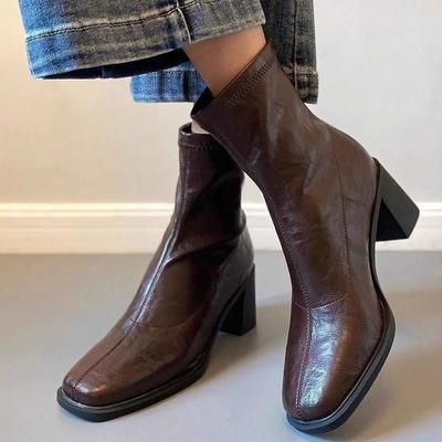 French Super Short Boots Thick Heel Martin Boots Women'S Elastic Velvet Retro Soft Leather Square Head High Heel Thin