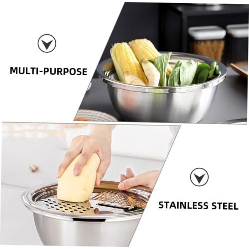 BIUDECO 1-Piece Stainless Steel Grater with Draining and Vegetable Basket, Multifunctional Kitchen Cleaning Bowl, Grater, Clever Slicer, and Colander,