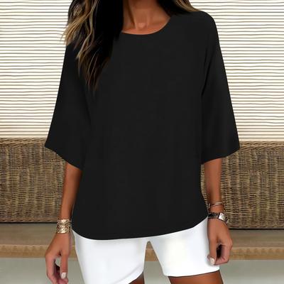 Women's Fashion Solid Color Casual T-Shirt Seven Sleeve Round Neck Cotton Top
