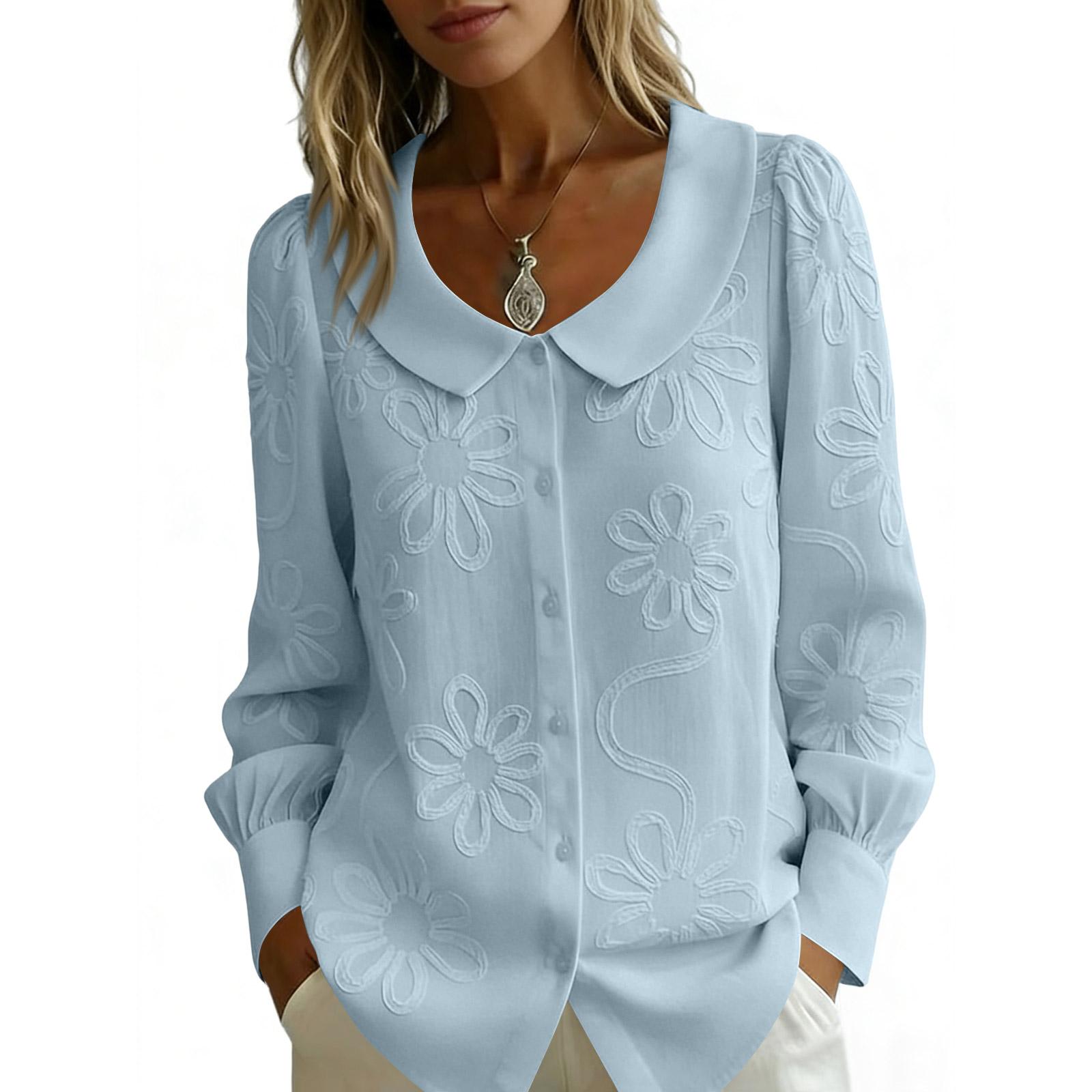 

Ladies Casual Embroidered Doll Collar Long Sleeved Shirt XXL синій