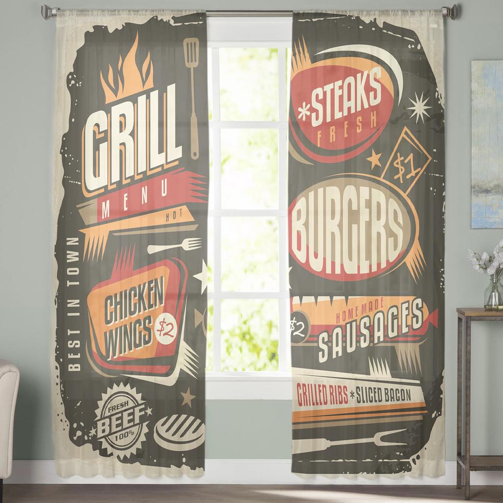 Menu Plakat Restauracja w Stylu Retro Tiulowe Przezroczyste Zasłony Okienne do Salonu Kuchni Pokoju Dziecięcego Woalowa Zasłona Wisząca