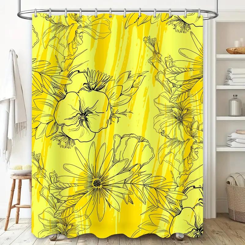 Hand-Drawn Floral Shower Curtain Yellow Color With Black Flowers For Bathroom Decoration Waterproof Fabric Material