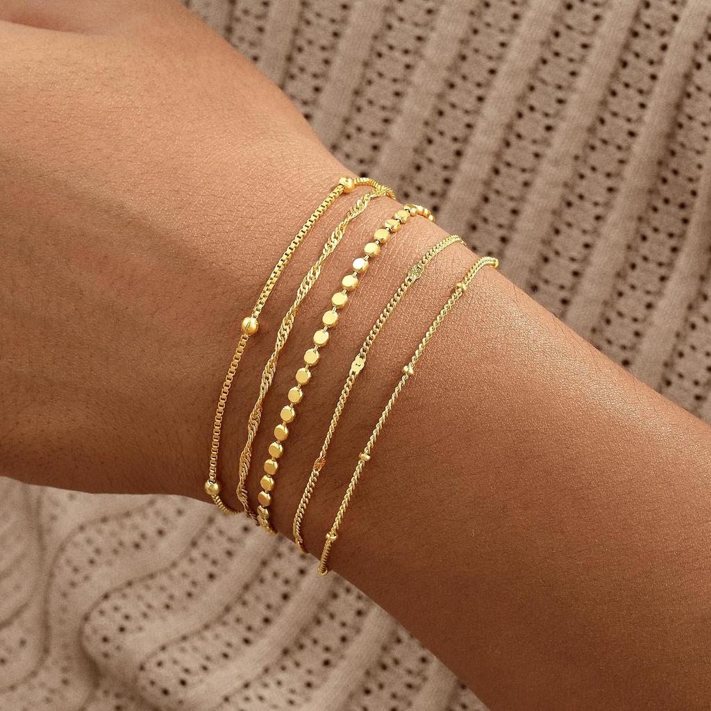 Gold Bracelets for Women, 14K Gold Plated Stackable Bracelet Stack Set Adjustable Charm Paperclip Chain Snake Link Layered Waterproof Jewelry Sets
