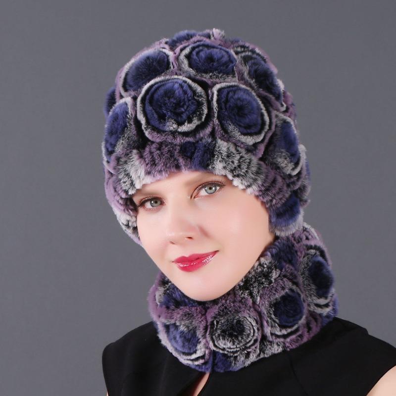 Rex Rabbit Rose Hat and Flower Scarf Set Specializing in the production of Rex Rabbit Scarf Hat Two-piece Adult Hat