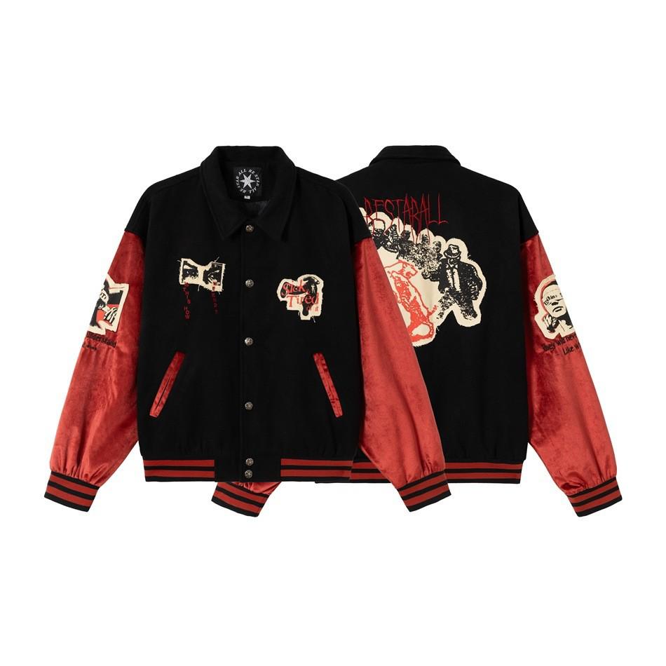 Restarall Unisex Retro Patchwork Wool Blend Baseball Jacket RW030