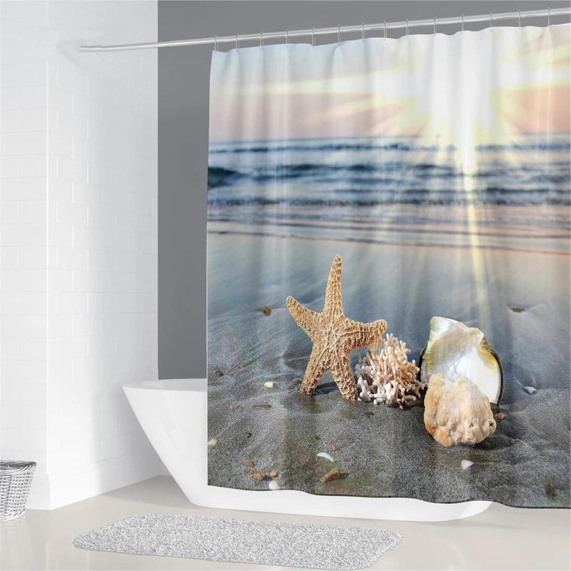 Starfish Beach Shower Curtains 3D Seashell Ocean Theme Waterproof Polyester Fabric Bathroom Decor with Hooks Bathtub Curtains