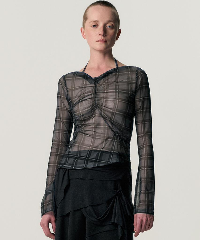 Kimjisu Sheer Plaid Shirring T-Shirt_Grey