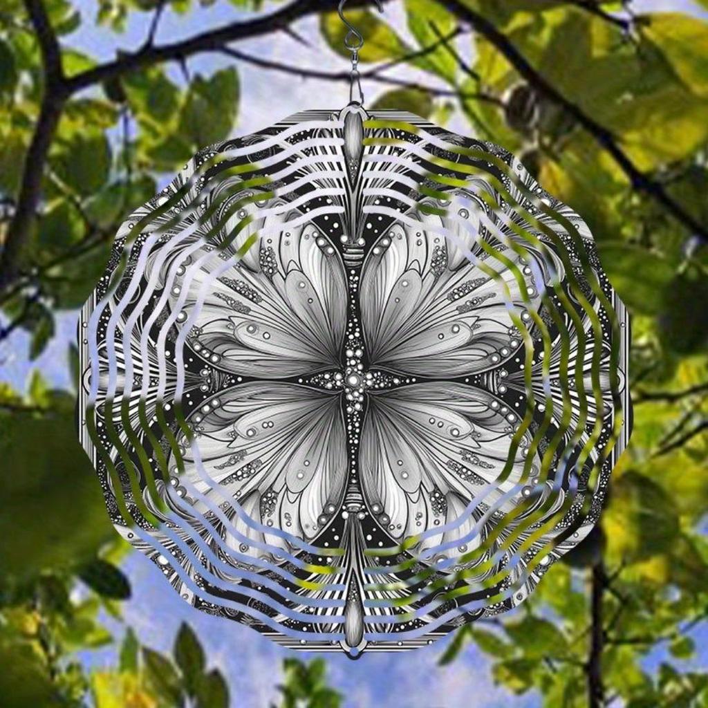 1pc Black and White Hand-Painted Mandala Rotating Wind Chime - Intricate Metal Design for All-Season Garden