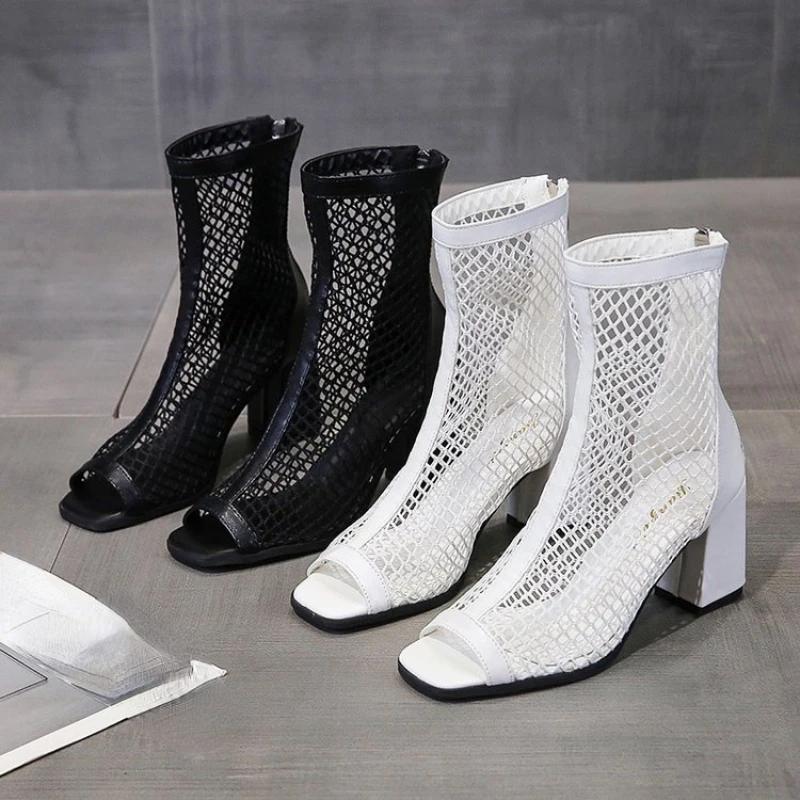 Summer Fashion Mesh Fish Mouth Short Tube High Heels Hollow Women Breathable Sandalias Mujer Boots Platform Zapatos Para Mujeres