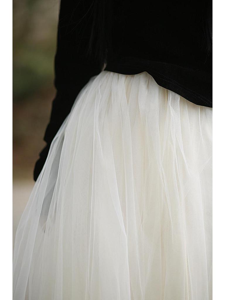 Jacquard Heavy Duty Mesh Midi Skirt: High Waist Large Swing Tulle Skirt