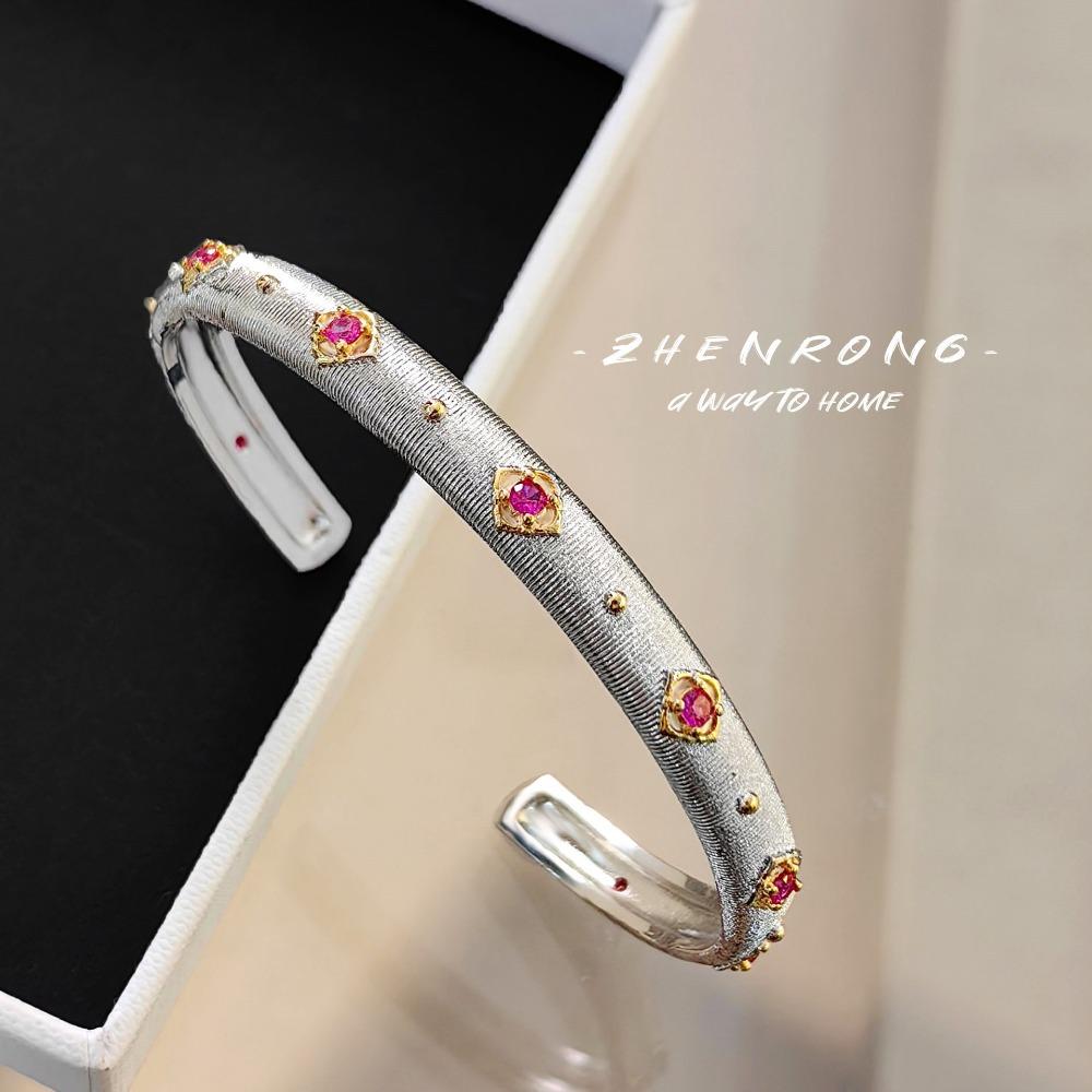 Women Jewelry Set Italian Buccellati Craft Red Corundum Bracelet Diamond Ring Narrow Gold Bangle