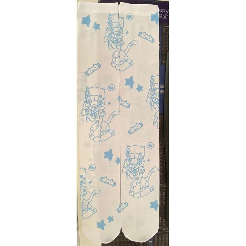 Gothic Japanischer Cartoon-Print Lange Socken Mode Kawaii Niedlich Weiß Dünn Studentensocke Weites Bein Stretch Cool Wadenlang Strumpfwaren)