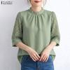 Women Casual Stand Collar Lace Splice Half Sleeve Blouse
