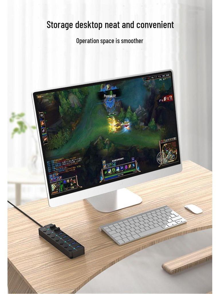 USB 3.0 Seven-Port Hub with Independent Switches and Power Supply for Desktop Computers