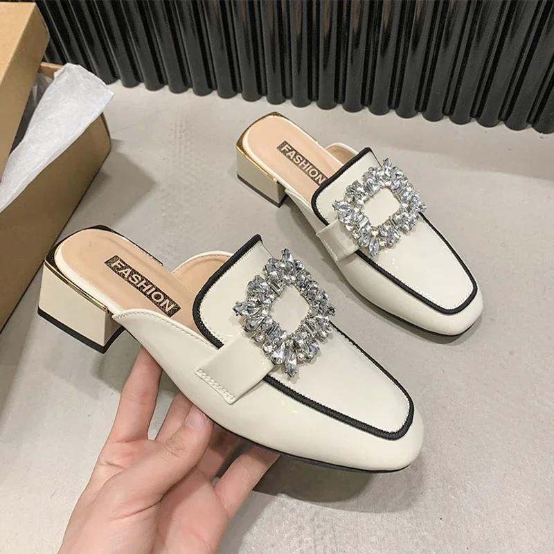 

модные женские тапочки с квадратным носком и кристаллами на среднем каблуке, летние туфли-мюли, повседневные шлепанцы с открытой пяткой, 2024, новое платье, модная женская обувь 35 бежевый