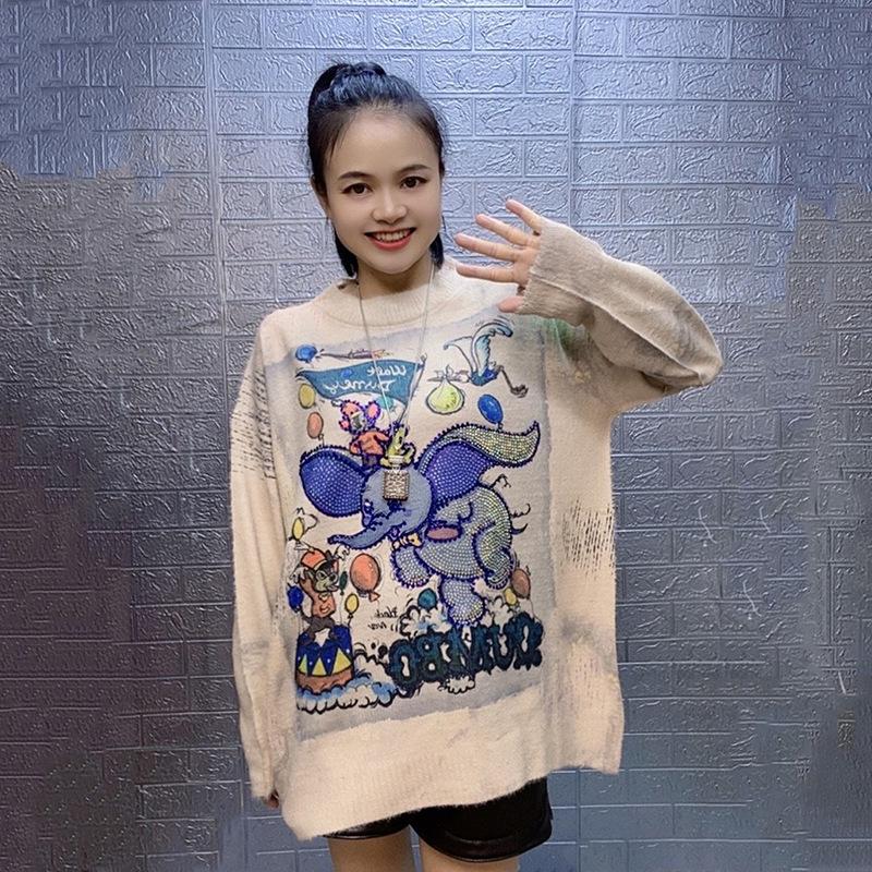 Korean Style Loose Knit Cardigan with Rhinestone and Cartoon Design for Women - 2026 Autumn/Winter
