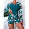 Women Swimsuit Tropical Print Bikini Set Long Sleeve Swimwear Summer Shorts Beachwear Female Bathing Suit