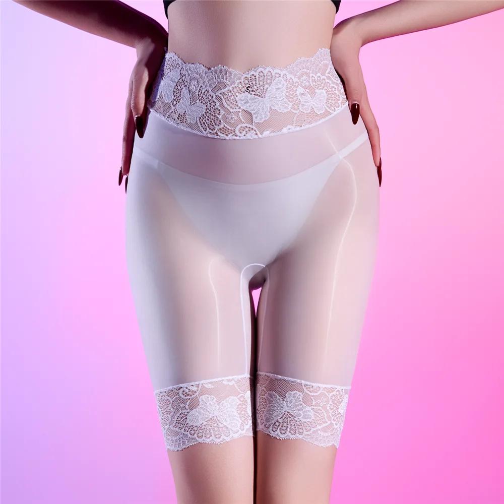 Damen 5D Öl Glänzend Boxer-Slips Hohe Taille Spitze Patchwork Slip Unterwäsche Formende Po Frau Sicherheit Kurze Unterhosen