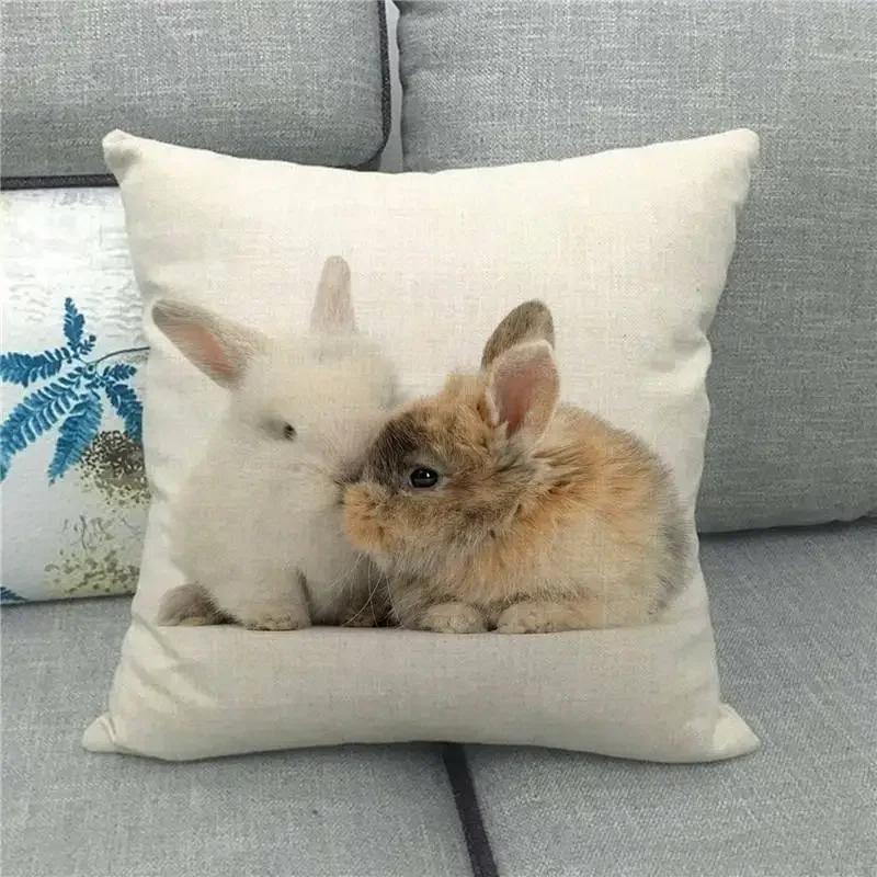 Easter Cushion Cover Cute Bunny Eggs Printed Pillow Covers 18x18 Inches Easter Decorations Hare Rabbit Flower Linen Pillowcase