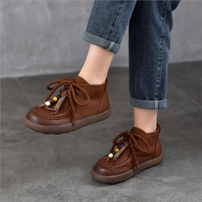 Johnature Genuine Leather Round Toe Lace-up Flat Ankle Boots Casual Versatile Women's Shoes