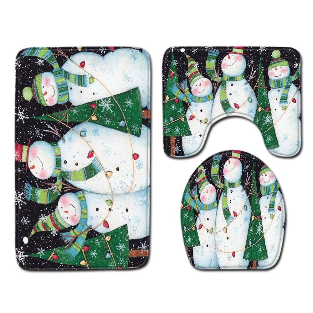 Christmas Shower Curtain Floor Mat Combination Four-Piece Set Bathroom Toilet Carpet Shower Room Mat Foot Mat