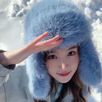 Plush Thunderbolt Hat Female Winter Thickened Warm Ear Protection Hat Snow Country Imitation Sable Velvet Long Hair Locomotive Cap Male