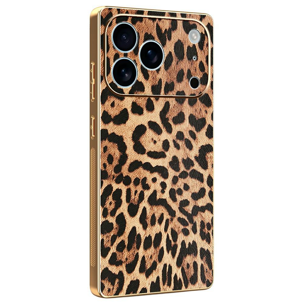 

For iPhone 17 Pro Max Case Leopard Print PU Leather Coated PC+TPU Electroplating Phone Cover A