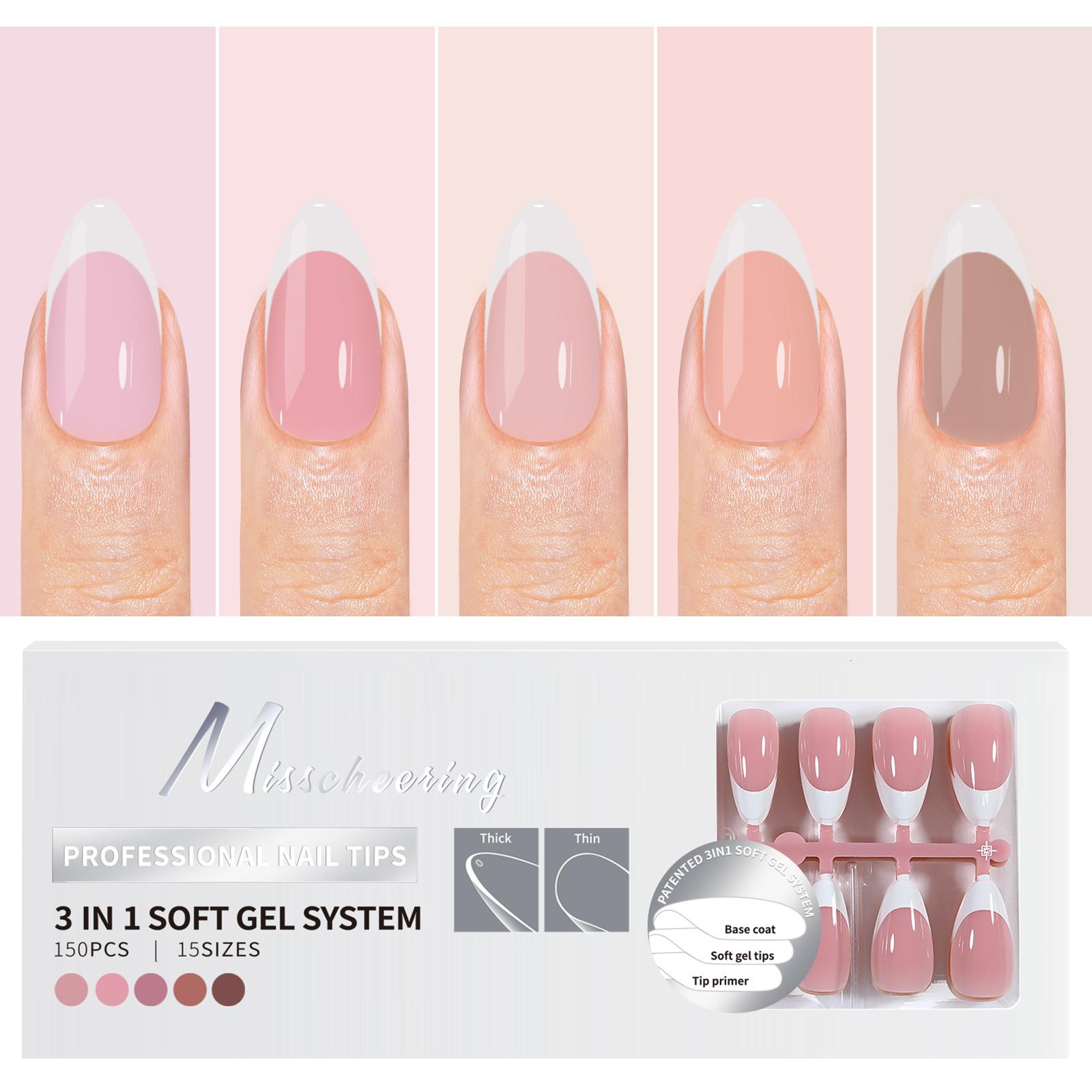 

150Pcs Almond Press On Nails 3 in 1 Soft Gel Tips 5Colors Full Cover Fake False Extension Capsule Sculpted Tip Salon DIY