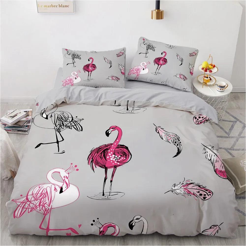 Cartoon Flamingo King Queen Duvet Cover Pink Animal Bedding Set for Boys Teens Adult Wildlife Soft 2/3pcs Quilt Cover Pillowcase