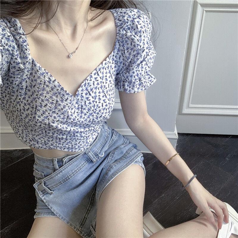 Trend Women Floral Sexy Crop Top Short Puff Sleeves V Collar Pullover Vintage Style T-shirts Summer Fitting Tees