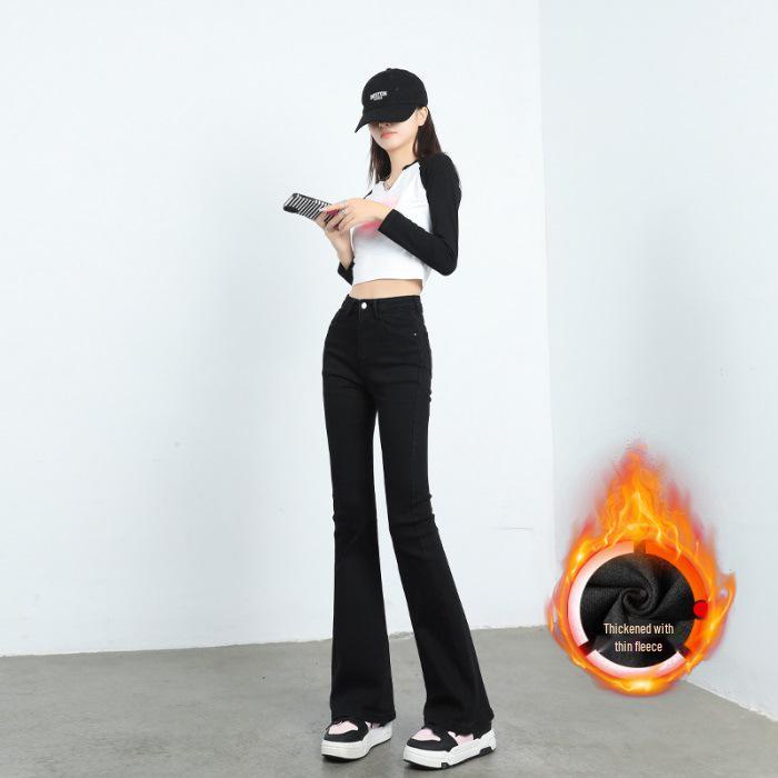 Women's Dark Color Elastic Micro Flare Jeans - Autumn Winter Plus Size, Velvet Lined, Slimming for Pear Shape, Bell Bottom Pants
