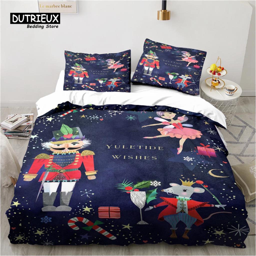 Cartoon Nutcracker Duvet Cover Set Christmas Tree Star Bedding Set Microfiber Royal Guarder Comforter Cover Twin King Queen Size Tool