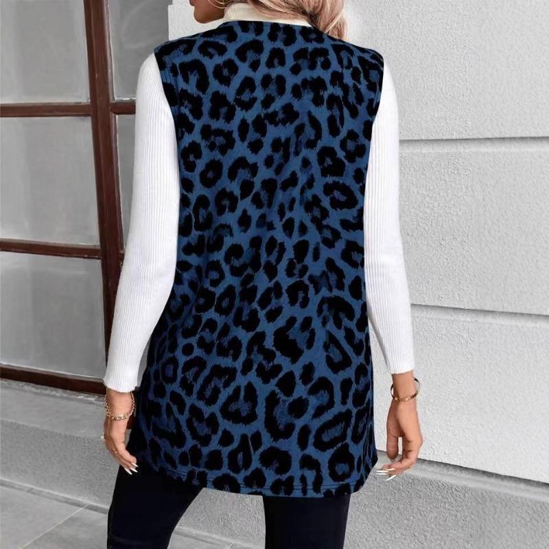 Damen S Leo-Print V-Ausschnitt Pullover Mittellanger Mantel