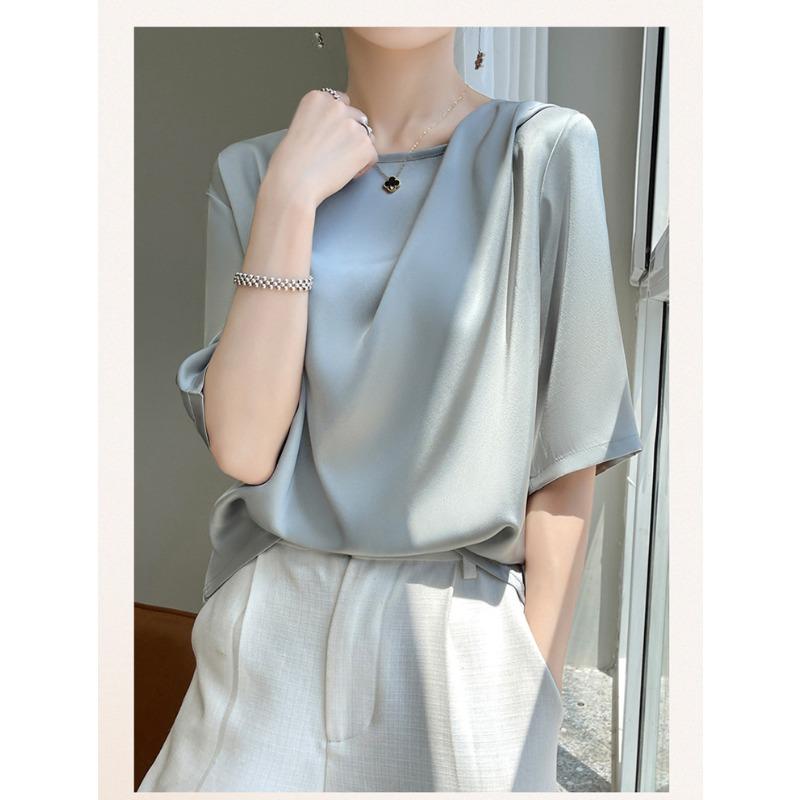 Silk T-shirt for Women Summer Round Neck Loose T-shirt Short Short-sleeved Tops