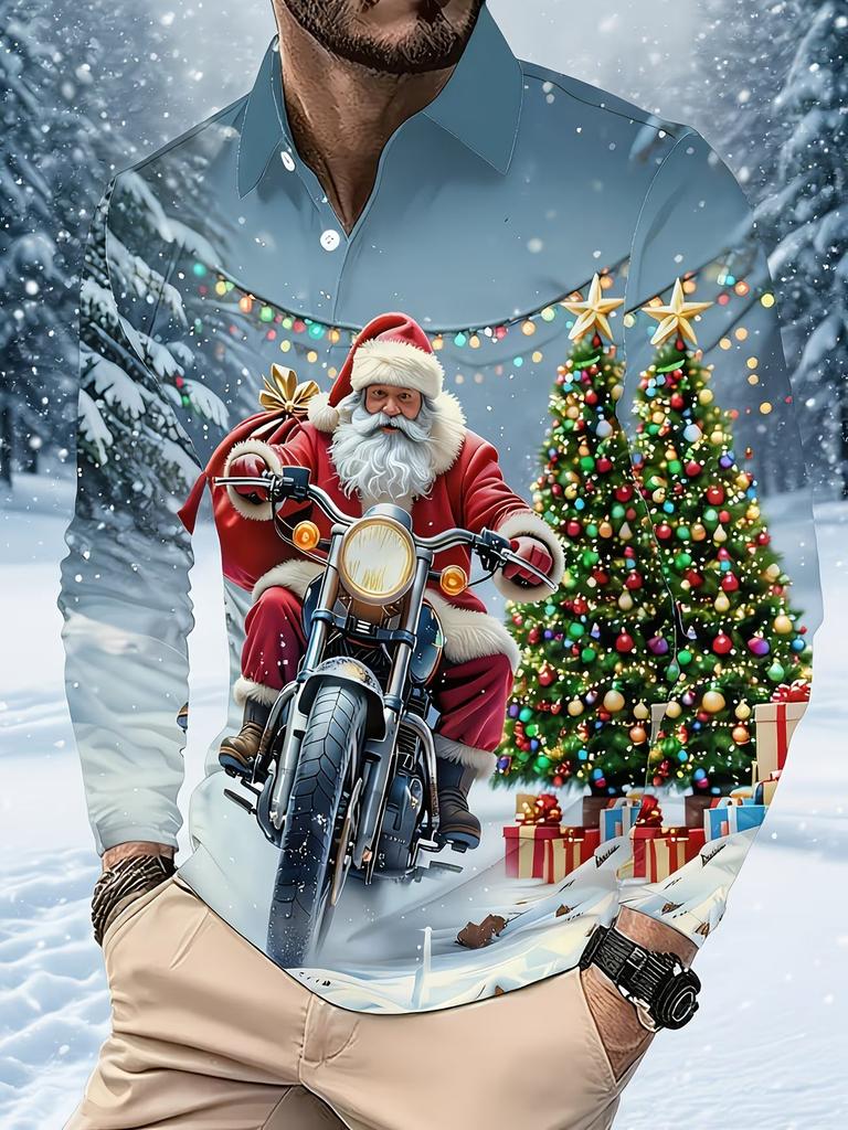 Long Sleeve Polo, Christmas Santa Reindeer Print, Festive Casual Top