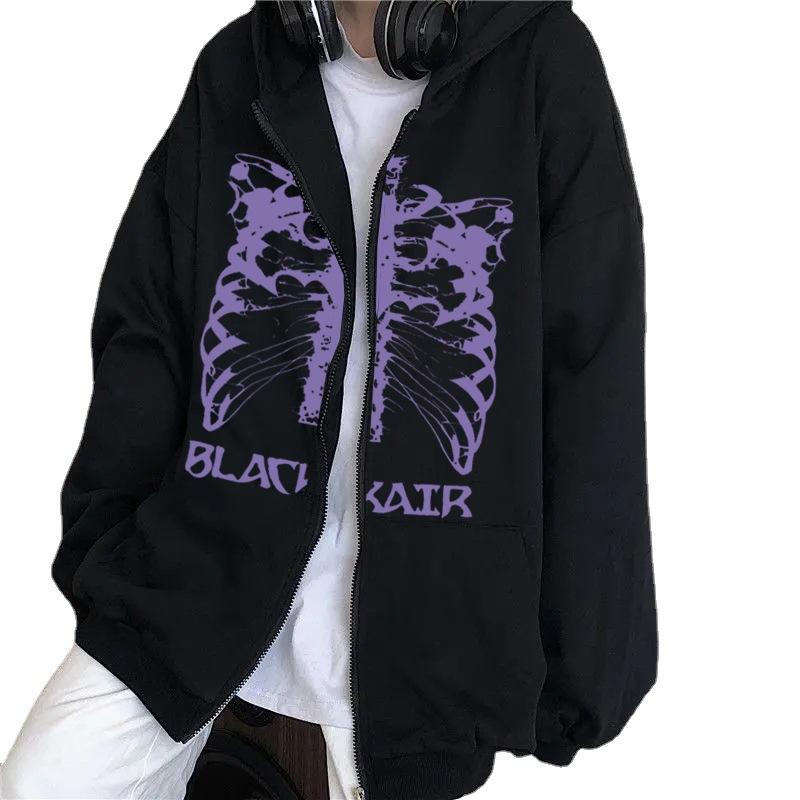 Y2K skeleton zip hoodie 90s retro pattern print zip top tap sweatshirt
