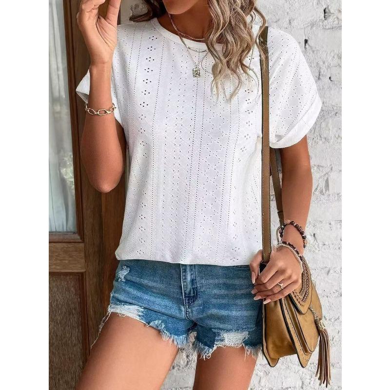 Spring and Summer Round Neck Hollow Out Women Blouse New Loose Short Sleeved T-shirt Solid Color Casual Simple Top Sweet Shirts Ladies Clothing